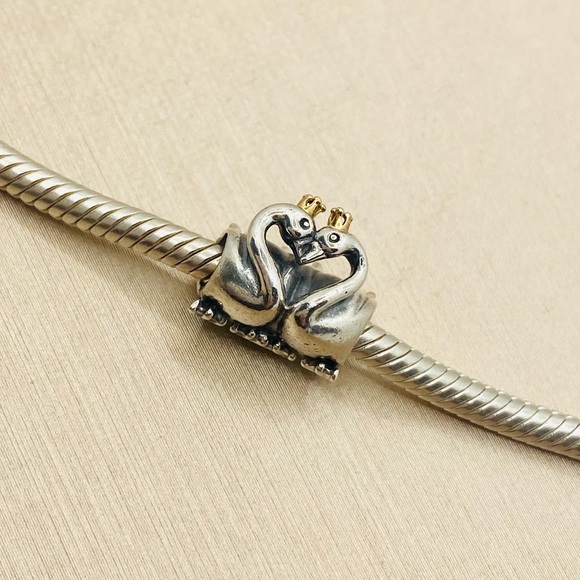 EUC Pandora 791189 Sterling Silver Swan Embrace Animal Charm w/ 14k Gold Crown - Picture 3 of 10